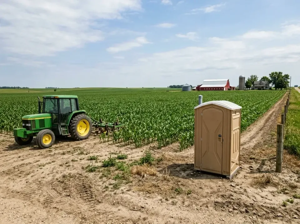 Portable Toilet — Agricultural Setting — Portable Toilet, Farm Tractor, Corn Field, Agricultural Setting, Restroom Trailer R…